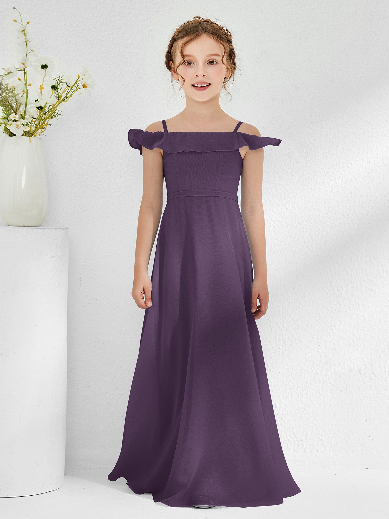 Off-the-shoulder Junior Bridesmaid Dresses with Sash Plum